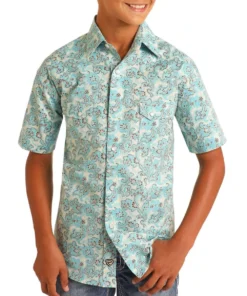 Rock & Roll Cowboy Boys' Turquoise Paisley Short Sleeve Western Snap Shirt
